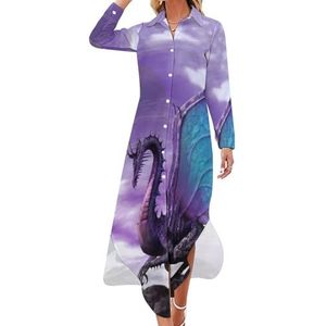 Fantasy Dragon Purple Maxi-jurk voor dames, lange mouwen, knoopjurk, casual feestjurk, lange jurk, 6XL
