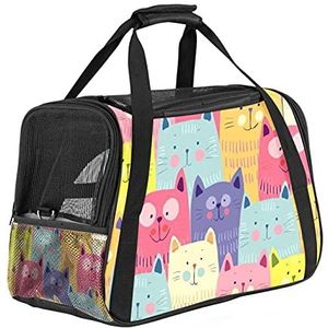 Kleurrijke Doodle Happy Cute Cats Pet Carrier Bag, Draagbare Zachte Zijdelings Honden Draagtas Voor Kleine Huisdieren Met Draaggreep En Schouderbanden, Luchtvaartmaatschappij Goedgekeurd, Reizen