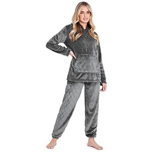 CityComfort Damespyjama, fleece pyjama met capuchon voor dames en tieners, pluizige loungewear-set, gezellige fleece pyjama's, houtskool, S