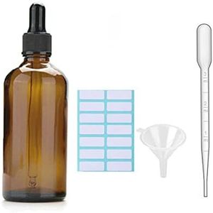 SKYPRO 1 Stks Amber Glas Druppelflesjes Met Zwarte Caps, Gemeten Pipet, Trechter en Etiketten; 100 ML Glazen Oogdruppelflesjes voor Essentiële Olie Pipet Hervulbaar