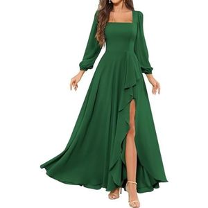 HPPEE Bruidsmeisjesjurken met lange mouwen en split ruches vierkante hals chiffon formele avondjurk, Emerald Groen, 32