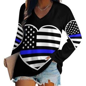 Politie Dunne Blauwe Lijn Amerikaanse Vlag Dames V-hals Shirt Lange Mouw Tops Casual Losse Fit Blouses