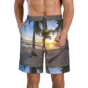 JIAWUJYNB Paradise Beach Palm Trees Print strandshorts voor heren, lichtgewicht, sneldrogend, trekkoord zwembroek met zakken, Wit, L