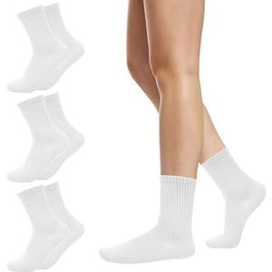 3 paar Solid Color Two Stripe Crew Socks Casual Athletic Socks Vintage Retro Running Katoenen Sokken voor Vrouwen Meisjes (DE/NL/SE/PL, Alfabetisch, One size, Regular, Regular, B 3 paar - Wit)