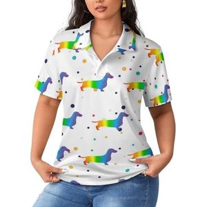 Rainbow Daschund dames sportshirt korte mouwen T-shirt golf shirts tops met knopen workout blouses