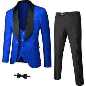 Heren 3-delige luxe smoking set jacquard slim fit sjaal revers jas vest en broek premium smoking voor mannen, koningsblauw, 4XL