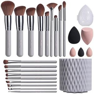 BS-MALL Make-up borstels Premium Synthetische Foundation Poeder Concealers Oogschaduw 18 Stks Borstel Set met 5 spons & Houder Spons Case (Grijs)