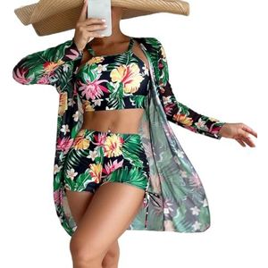 oenyaeu Badpak voor dames, met bedekkende strandrok, kimono, rugvrij, bloemenprint, bikiniset, badpakken, Groen, XL