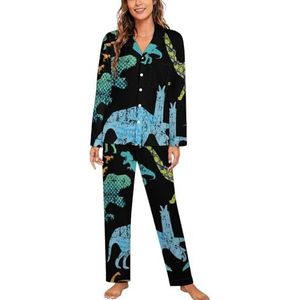 Grunge Dino Dinosaurus Vrouwen Lange Mouw Button Down Nachtkleding Zachte Nachtkleding Lounge Pyjama Set XL