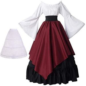 BPURB Medieval Dress for Women Renaissance Costume Trumpet Sleeve Victorian Dresses Gown (Top & Skirt & Petticoat) (Black/Red,S)