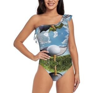 ALLiYa Bear Deer One Shoulder Ruches Badpak uit één stuk, geschikt voor zwembaden, strandfeesten, enz., Golf Club, S