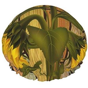 Douchemuts, van zonnebloemen en bladeren op varicolored houten plank dubbele waterdichte badmuts, elastische herbruikbare douchemuts, badmutsen nachtmuts