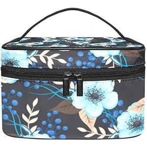 Kleurrijke Dieren Patroon Make-up Tas voor Vrouwen Meisjes Cosmetische Tassen met Handvat Reizen Make-up Organizer Tas, Blauw bloeiende bloemen bladeren patroon, 8.9x5.9x5.4 Inches, Make-up zakje