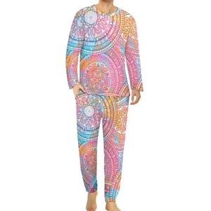 Hippie Mandala Caleidoscoop Elementen Comfortabele Heren Pyjama Set Ronde Hals Lange Mouw Loungewear met Zakken 6XL