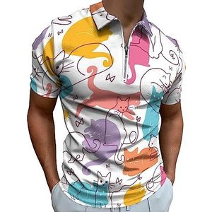 Kleurrijke katten poloshirt voor mannen casual rits kraag T-shirts golf tops slim fit
