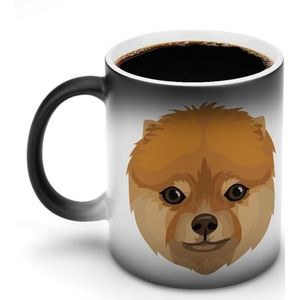 Pomeranian Dog Face Leuke Grafische Koffiekop met Handvat Hete Veranderende Keramische Reismok voor Thuiskantoor