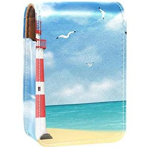 Lipgloss Houder Lipstick Case Draagbare Mini Lipstick Opbergdoos Reizen Lipstick Organizer Case met Spiegel voor Vrouwen Vuurtoren Strand, Meerkleurig, 9.5x2x7 cm/3.7x0.8x2.7 in