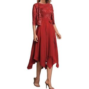 2 Stuks Moeder Van De Bruid Bruidegom Jurken Met Jassen Kant Formele Avond Grootmoeder Jassen Thee Lengte ZM193, Rood, 32