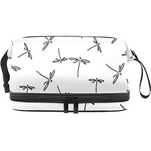 Eenvoudige zwart-witte libelle patroon dubbellaagse make-up tas voor vrouwen en meisjes, grote cosmetische tassen reizen toilettas, cosmetische tas make-up organizer met draaggreep, Meerkleurig, 27x15x14 cm/10.6x5.9x5.5 in, Schoonheid Case