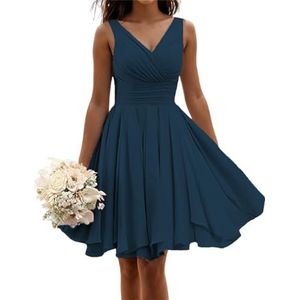 Korte bruidsmeisjes jurken voor vrouwen mouwloze geplooide chiffon V-hals A-lijn formele jurken avondjurken, Donkerblauw, 44