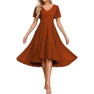 Korte Mouw Bruidsmeisje Jurken voor Bruiloft Hoge Lage Chiffon Formele Avond Party Maxi Gown Thee Lengte AH156, Verbrand Oranje, 32