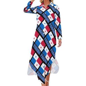 Pride of Panama - Panamese vlag dames maxi-jurk lange mouwen knopen overhemd jurk casual feest lange jurken 5XL