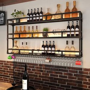 Drankplank aan de muur, met led-verlichting, wijnglashouders industrieel metalen hangend wijnrek, rustieke flessenhouder, glazen rek voor thuis, restaurant, bars