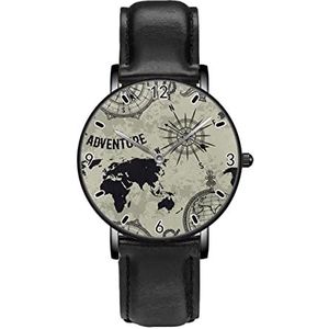 Vintage Wereldkaart Kompas En Globe Persoonlijkheid Business Casual Horloges Mannen Vrouwen Quartz Analoge Horloges, Zwart