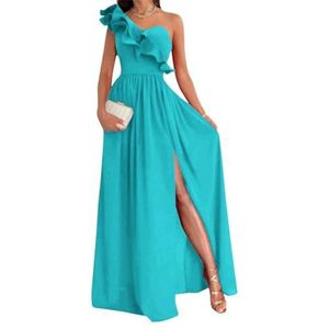 Damesjurk met één schouder voor bruidsmeisjes, fluweel, mouwloos, lange formele jurk met split, Aqua Blauw, 54