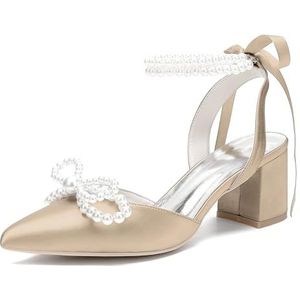 KYEGLO Dames Sandalen Met Spitse Neus, Satijnen Blokhak En Parel Enkelbandje, Gesloten Neus Met Parelstrikje - Ideaal Voor Casual Gelegenheden, Werk En Bruiloften,Champagne,36