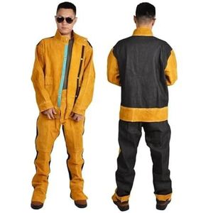 Veiligheidskleding op de werkplek Koeienhuid Laswerk Argonbooglassen Lange mouwen Beschermend Anti-boogspatten Kledingpak(Yellow pants,XXXL)