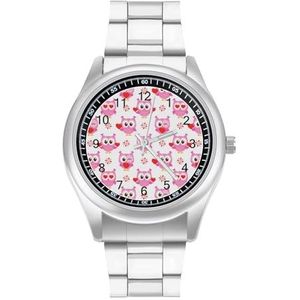 Roze Uilen met Harten Heren Roestvrij Stalen Horloges Quartz Horloge Gemakkelijk te Lezen Custom Gift voor Papa Vriend