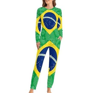 Braziliaanse Paisley vlag zachte dames pyjama lange mouw warm fit pyjama loungewear sets met zakken 5XL