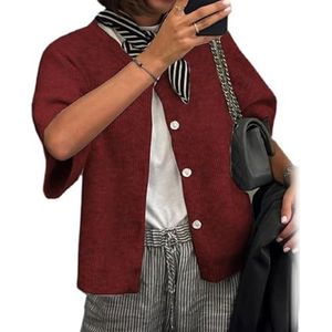 Women Knitted Crop Cardigan Shirt Short Sleeve Button Down Ribbed Knit Crop Top Y2k Girls Outwear Tops (Medium,Dark Red)
