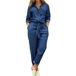 ONDIAN Dames jumpsuit dames casual denim jum taille knoop jumpsuit met riem voor de zomer (kleur: blauw, maat: XXL)