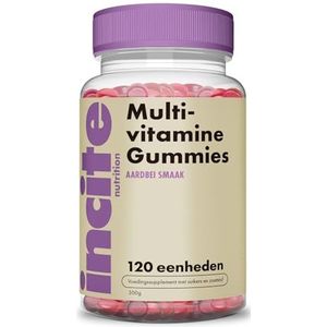 Incite Nutrition Multivitamine Gummies. Gummies voor volwassenen met biotine. 120 gummies met vitamines. Multivitamine gummies met aardbeiensmaak. Vitamine A, B6, B12, C, D3, E, foliumzuur en zink.