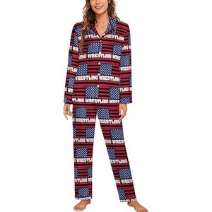 Wrestling USA vlag lange mouwen pyjama sets voor vrouwen klassieke nachtkleding nachtkleding zachte pyjama sets lounge sets