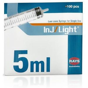 Rays - Wegwerpspuiten van 5 ml, Drie-delige Luer-Conus, Zonder Naald, Veilig en Efficiënt - Spuit - Injectiespuit - Plastic Spuiten, 100 Eenheden, Steriel, Latexvrij, Optimaal voor Medisch Gebruik