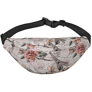 Bloem Parijs Eiffeltoren Gedrukt Fanny Packs voor Mannen Vrouwen Waterdichte Mode Wandelen Heuptas Grote Crossbody Borsttas voor Sport Running Reizen, Zwart, Eén maat