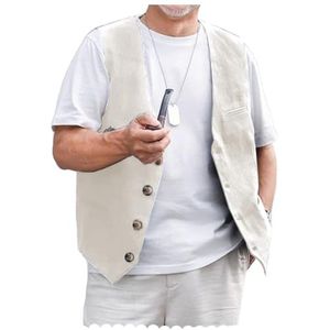 AeoTeokey Linnen vest voor heren, zomerpak, vest, vintage retrovest, normale pasvorm, Ivoor, XL