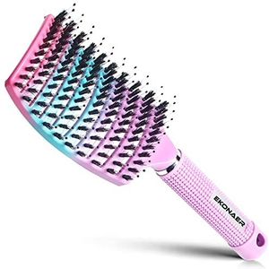 EKONAER Ontwarrende borstel met varkenshaar, haarborstel voor volwassenen en kinderen, nat of droog haar, gebogen en geventileerde ontklitterborstel - voegt glans toe en maakt het haar glad (roze)
