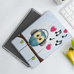 CONERY Hoesje compatibel met iPad 10,2 inch (9e/8e/7e generatie) muziekdecor, schattige cartoon uil met hoofdtelefoon harten bladeren mode speels vrolijk plezier, slanke slimme magnetische hoes met