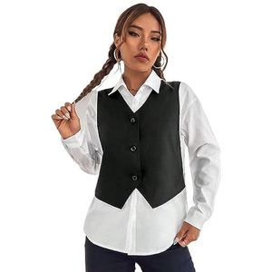 dames topjes Colorblock 2-in-1-blouse - Casual colorblock-overhemd met kraag en knopen aan de voorkant (Color : Black and White, Size : X-Small)