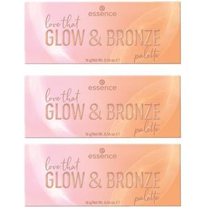 Essence Love that Glow & BRONZE palet Highlighter Palette, meerkleurig, 3 kleuren, gedefinieerd, sterk gepigmenteerd, glinsterend, kleurintensief, veganistisch, olievrij, zonder parfum, alcohol,
