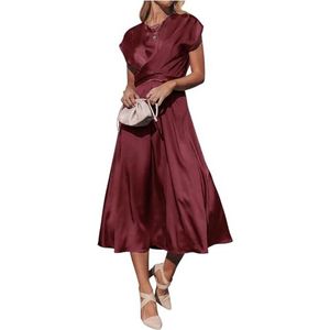 Midi-jurk met Ronde Hals, Satijnen Ruches, Elastische Hoge Taille Bruiloftsfeestjurken(Color:Wine red,Size:M)