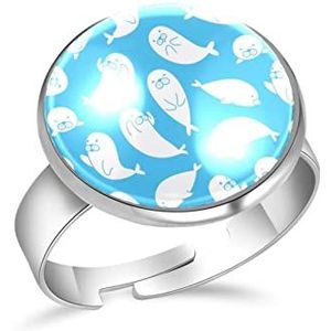 Open verstelbare ringen verjaardag verjaardag sieraden geschenken voor vrouwen meisjes, schattige zeehonden, Eén maat, Glas Roestvrij staal Glas