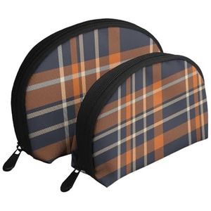 Make-uptas, cosmetische reistas, 2 stuks draagbare clutch pouch-set Pouch Organizer marineblauw en oranje geruit, zoals afgebeeld, Eén maat