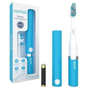 Sonisk Pulse | Elektrische tandenborstel op batterijen | Draagbaar reisformaat met antimicrobiële sonische technologie | 1x batterij, 2x opzetborstels, 1x reiskoffer inbegrepen (briljant blauw)