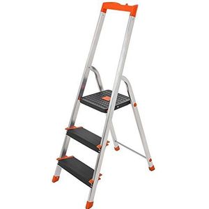 SONGMICS 3-sporten ladder, aluminium opklapbare ladder, 12 cm brede sporten met groeven, antislipvoeten, belasting 150 kg, zwart en oranje GLT03BK