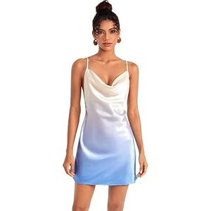 jurken voor dames Satijnen cami-jurk met ombre gedrapeerde kraag - Sexy korte jurk met spaghettibandjes en rits zonder rug (Color : Blue and White, Size : L)